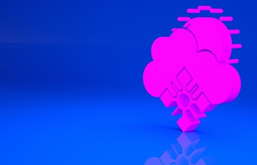 Pink Cloud with snow and sun icon isolated on blue background. Cloud with snowflakes. Single weather icon. Snowing sign. Minimalism concept. 3d illustration. 3D render..