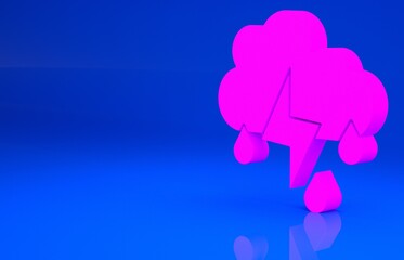 Pink Cloud with rain and lightning icon isolated on blue background. Rain cloud precipitation with rain drops.Weather icon of storm. Minimalism concept. 3d illustration. 3D render..