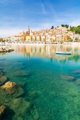 View on colorful town of Menton, Provence-Alpes-Cote d'Azur, France - obrazy, fototapety, plakaty