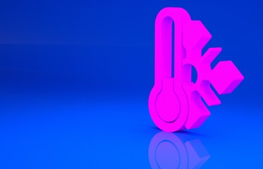Pink Meteorology thermometer measuring icon isolated on blue background. Thermometer equipment showing hot or cold weather. Minimalism concept. 3d illustration. 3D render..