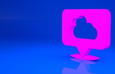 Pink Location cloud icon isolated on blue background. Minimalism concept. 3d illustration. 3D render..