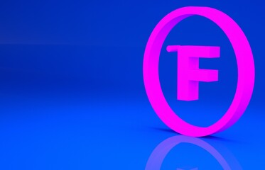Pink Fahrenheit icon isolated on blue background. Minimalism concept. 3d illustration. 3D render..
