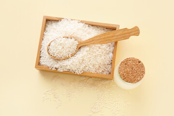 Jar of rice water on color background