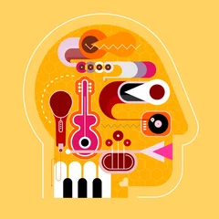 Wall murals Abstract Art Human head shape design consisting with a different musical instruments vector illustration. Shades of yellow.