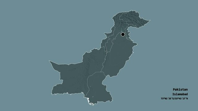 Azad Kashmir, centrally administered area of Pakistan, with its capital, localized, outlined and zoomed with informative overlays on a administrative map in the Stereographic projection. Animation 3D