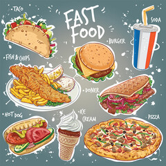 Hand drawn vector set of popular fast food varieties.