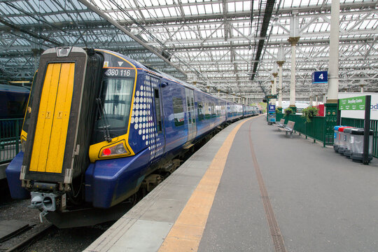 Edinburgh UK: May 26, 2016: ScotRail train waiting at Waverley Railway Station in Edinburgh. ScotRail refers to a number Scottish rail corporations that operate under the Scotrail brand.