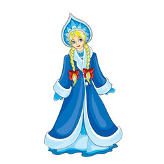 cute snow maiden in blue kokoshnik and golden braids, cartoon illustration, isolated object on christmas background, vector illustration,
