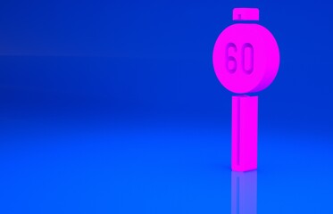 Pink Speed limit traffic sign 60 km icon isolated on blue background. Minimalism concept. 3d illustration. 3D render..