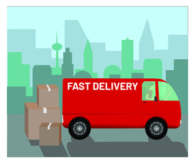 Fast delivery. Vector. Delivery truck on the road. Delivery home and office. City logistics. Can be used for restaurant food service, mail service, goods delivery service, postal service.