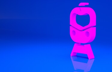Pink Train and railway icon isolated on blue background. Public transportation symbol. Subway train transport. Metro underground. Minimalism concept. 3d illustration. 3D render..