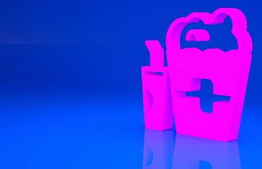 Pink Popcorn in cardboard box and paper glass with drinking straw and water icon isolated on blue background. Soda drink glass. Minimalism concept. 3d illustration. 3D render..