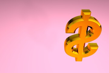 Golden dollar sign 3d render on pink background. Illustration with copy space. Business concept in 3d.