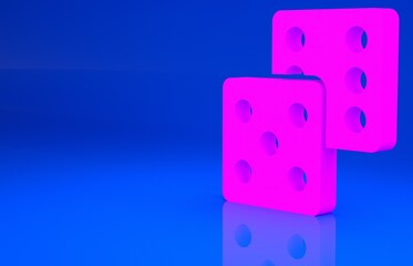 Pink Game dice icon isolated on blue background. Casino gambling. Minimalism concept. 3d illustration. 3D render..