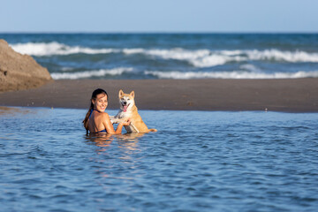 A young beautiful girl playing with a dog inside the water in the beach