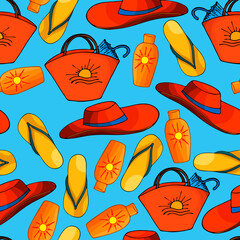 seamless pattern, vacation at sea, women's hat, flip-flops, sunscreen, bag, wallpaper and fabric, scrapbooking paper