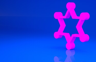 Pink Hexagram sheriff icon isolated on blue background. Police badge icon. Minimalism concept. 3d illustration. 3D render..