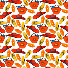 seamless pattern, vacation at sea, women's hat, flip-flops, sunscreen, bag, wallpaper and fabric, scrapbooking paper