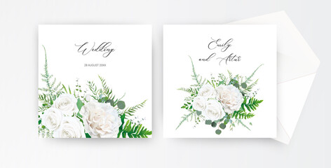Wedding invite, invitation card floral design. Ivory white, powder peony Rose flower, Eucalyptus branch, greenery forest asparagus fern leaves botanical bouquet decoration. Tender, rustic template set © Alewiena