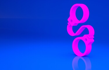 Pink Handcuffs icon isolated on blue background. Minimalism concept. 3d illustration. 3D render..