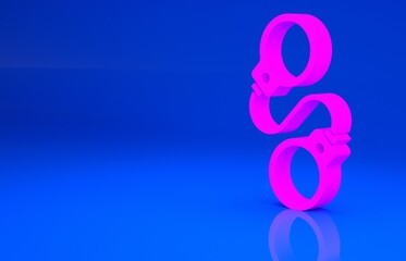 Fototapeta premium Pink Handcuffs icon isolated on blue background. Minimalism concept. 3d illustration. 3D render..