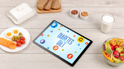 Healthy Tablet Pc compostion with DIABETES DIET inscription, weight loss concept