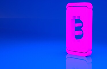 Pink Mining bitcoin from mobile icon isolated on blue background. Cryptocurrency mining, blockchain technology service. Minimalism concept. 3d illustration. 3D render..