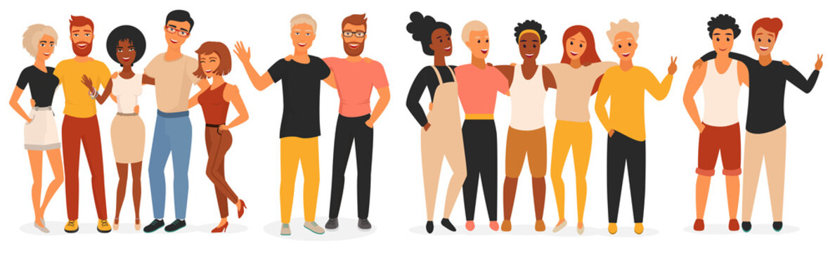 Friends vector illustration. Cartoon flat young man woman characters of different races standing in row together, crowd of friends people group smiling and hugging, friendship union isolated on white