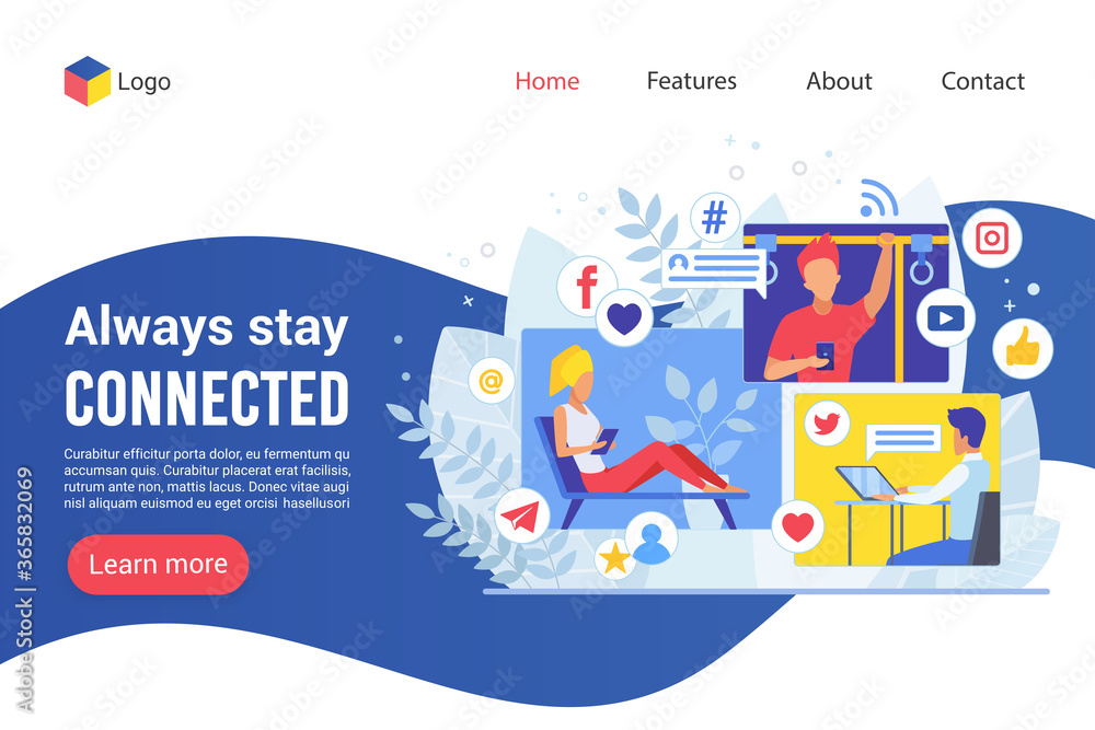 Poster landing page always stay connected creative website colorful vector illustration template. business 