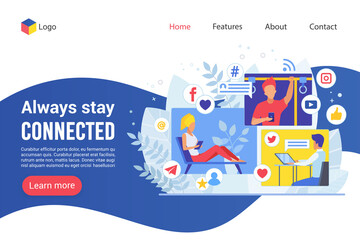 Landing page always stay connected creative website colorful vector illustration template. Business correspondence flat design online web development. Stay in touch using technology.