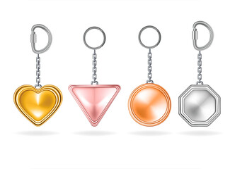 Realistic Detailed 3d Shiny Metal Keychains Set. Vector