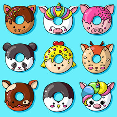 Glazed cute doughnut animals set. Isolated donuts with glaze and bite, eaten chocolate icing fritters or caramel circle doughnuts
