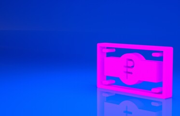 Pink Russian ruble banknote icon isolated on blue background. Minimalism concept. 3d illustration. 3D render..