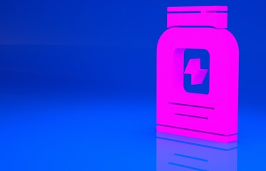 Pink Sports nutrition bodybuilding proteine power drink and food icon isolated on blue background. Minimalism concept. 3d illustration. 3D render..