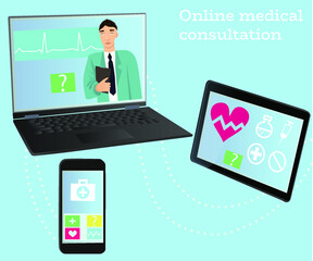 Online medical consultation. Each patient can be examined by a professional doctor online and each patient can accept a medical diagnosis. Vector illustration.