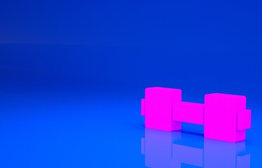 Pink Dumbbell icon isolated on blue background. Muscle lifting icon, fitness barbell, gym, sports equipment, exercise bumbbell. Minimalism concept. 3d illustration. 3D render..