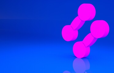 Pink Dumbbell icon isolated on blue background. Muscle lifting icon, fitness barbell, gym, sports equipment, exercise bumbbell. Minimalism concept. 3d illustration. 3D render..