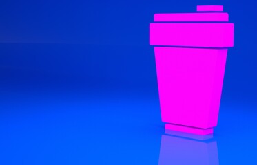 Pink Fitness shaker icon isolated on blue background. Sports shaker bottle with lid for water and protein cocktails. Minimalism concept. 3d illustration. 3D render..