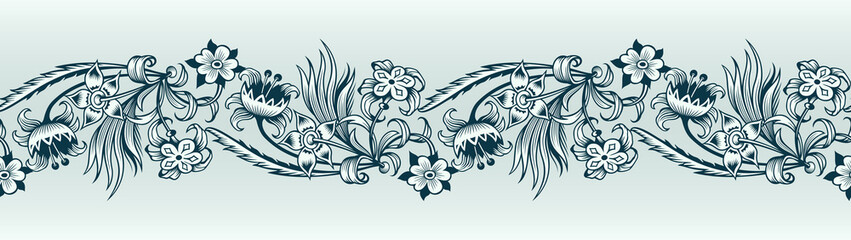 Floral vector border. Engraved nature illustration