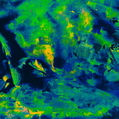 Fototapeta na wymiar Green Acrylic Image. Yellow Wet Drawing. Blue