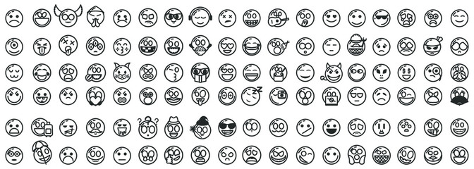 Fototapeta na wymiar Set Of DIfferent Black Line Smile Vector Icon Emoticons Sign Doodle