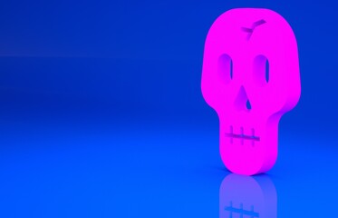 Pink Skull icon isolated on blue background. Happy Halloween party. Minimalism concept. 3d illustration. 3D render..