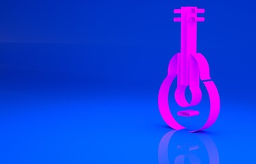 Pink Mexican guitar icon isolated on blue background. Acoustic guitar. String musical instrument. Minimalism concept. 3d illustration. 3D render..