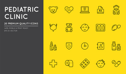 Fototapeta na wymiar Outline icons set. Pediatric hospital clinic and medical care. Editable stroke. Vector.