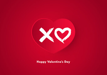 Happy Valentine day banner, holiday elements isolated on red background. Vector illustration. Red paper hearts and white brush letter X and heart, hugs and kisses.