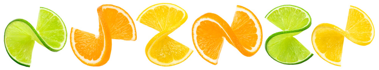 Citrus twists isolated on white background. Lime, lemon and orange slices set. Package design...