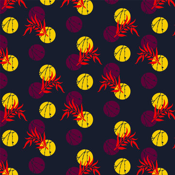 seamless pattern with red flowers floral automn yellow circle beans kintsugi dark background abstract fall textile design