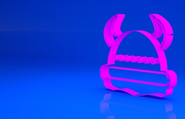 Obraz premium Pink Viking in horned helmet icon isolated on blue background. Minimalism concept. 3d illustration. 3D render..