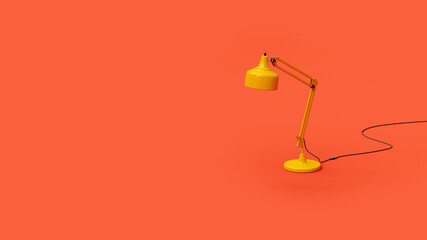 Yellow modern table lamp on red background in studio, web banner or template, 3d rendering