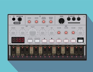Realistic popular synthesizer. Vector illustration, studio equipment. Electronic music theme. Instrument for sound synthesis. Sampler. Groove-machine. Bass synthesizer. Drum-machine. T-shirt material.